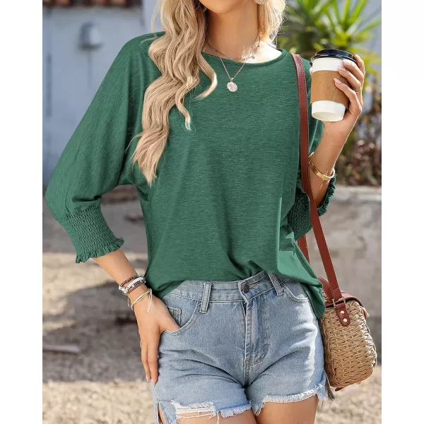 imageBTFBM Womens Casual 34 Sleeve Tops Dressy 2024 Summer Fall T Shirts Crewneck Loose Tunic BlousesSolid Dark Green