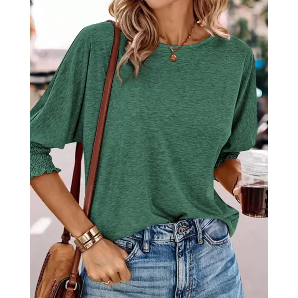 imageBTFBM Womens Casual 34 Sleeve Tops Dressy 2024 Summer Fall T Shirts Crewneck Loose Tunic BlousesSolid Dark Green