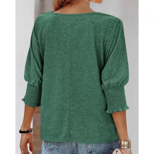 imageBTFBM Womens Casual 34 Sleeve Tops Dressy 2024 Summer Fall T Shirts Crewneck Loose Tunic BlousesSolid Dark Green