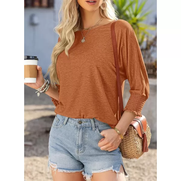 imageBTFBM Womens Casual 34 Sleeve Tops Dressy 2024 Summer Fall T Shirts Crewneck Loose Tunic BlousesSolid Light Brown