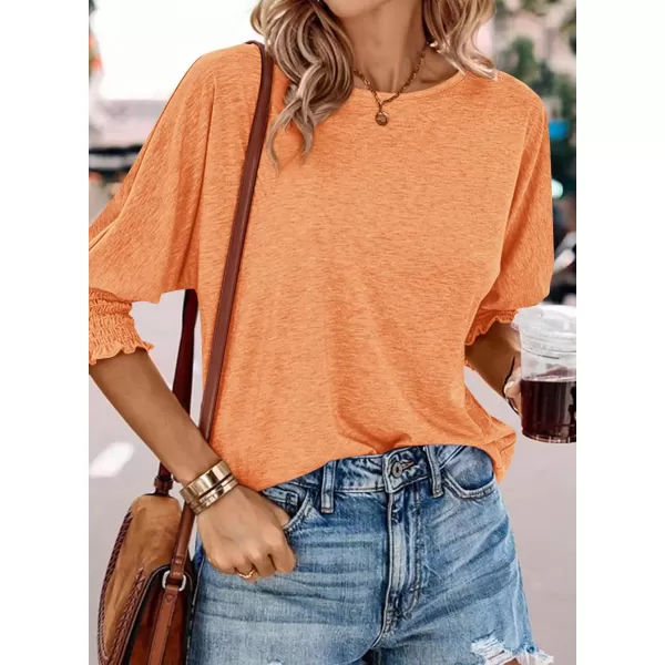 imageBTFBM Womens Casual 34 Sleeve Tops Dressy 2024 Summer Fall T Shirts Crewneck Loose Tunic BlousesSolid Orange