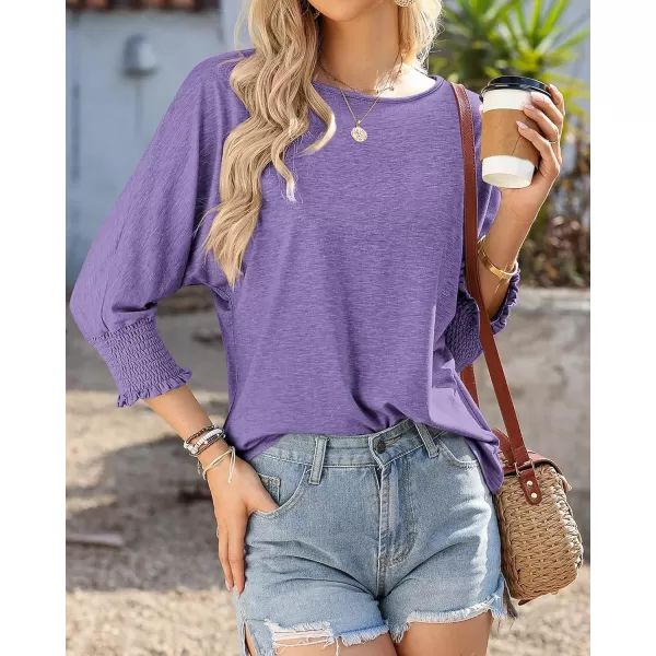 imageBTFBM Womens Casual 34 Sleeve Tops Dressy 2024 Summer Fall T Shirts Crewneck Loose Tunic BlousesSolid Purple