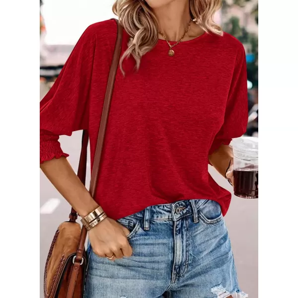 imageBTFBM Womens Casual 34 Sleeve Tops Dressy 2024 Summer Fall T Shirts Crewneck Loose Tunic BlousesSolid Red