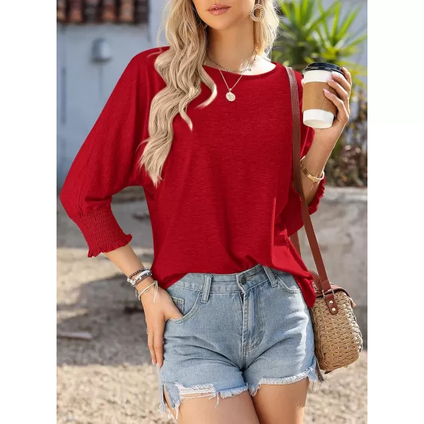 imageBTFBM Womens Casual 34 Sleeve Tops Dressy 2024 Summer Fall T Shirts Crewneck Loose Tunic BlousesSolid Red