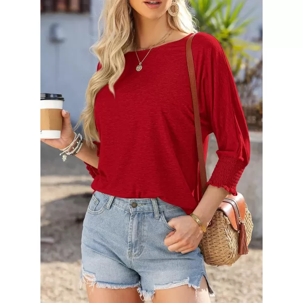 imageBTFBM Womens Casual 34 Sleeve Tops Dressy 2024 Summer Fall T Shirts Crewneck Loose Tunic BlousesSolid Red