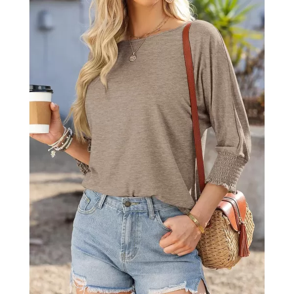 imageBTFBM Womens Casual 34 Sleeve Tops Dressy 2024 Summer Fall T Shirts Crewneck Loose Tunic BlousesSolid Taupe