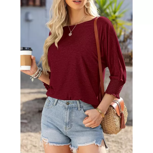 imageBTFBM Womens Casual 34 Sleeve Tops Dressy 2024 Summer Fall T Shirts Crewneck Loose Tunic BlousesSolid Wine Red