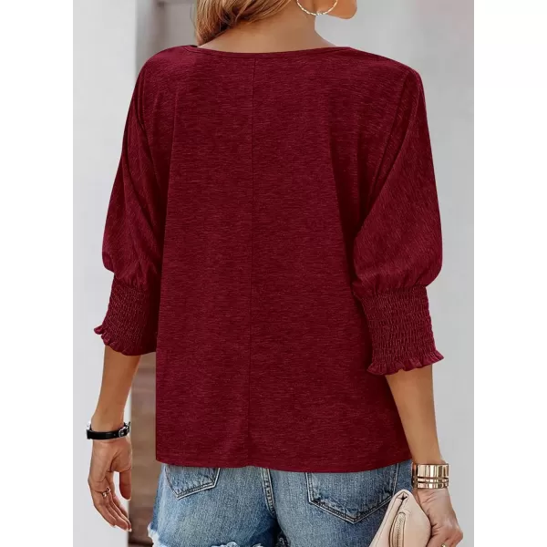 imageBTFBM Womens Casual 34 Sleeve Tops Dressy 2024 Summer Fall T Shirts Crewneck Loose Tunic BlousesSolid Wine Red