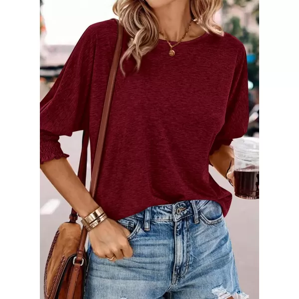 imageBTFBM Womens Casual 34 Sleeve Tops Dressy 2024 Summer Fall T Shirts Crewneck Loose Tunic BlousesSolid Wine Red