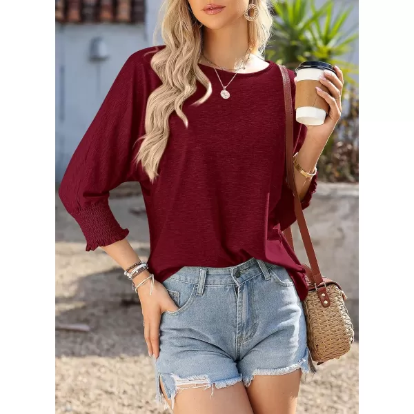 imageBTFBM Womens Casual 34 Sleeve Tops Dressy 2024 Summer Fall T Shirts Crewneck Loose Tunic BlousesSolid Wine Red