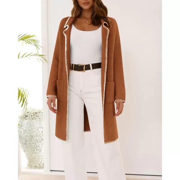 imageBTFBM Womens Open Front Cardigan Lapel Coatigan Lady 2024 Fall Winter Jacket Outwear Long Sweater Blazer with PocketsCaramel