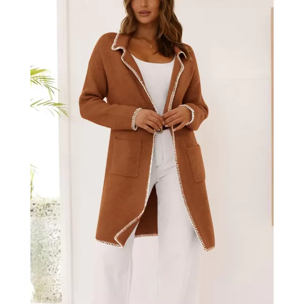 imageBTFBM Womens Open Front Cardigan Lapel Coatigan Lady 2024 Fall Winter Jacket Outwear Long Sweater Blazer with PocketsCaramel