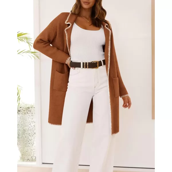 imageBTFBM Womens Open Front Cardigan Lapel Coatigan Lady 2024 Fall Winter Jacket Outwear Long Sweater Blazer with PocketsCaramel