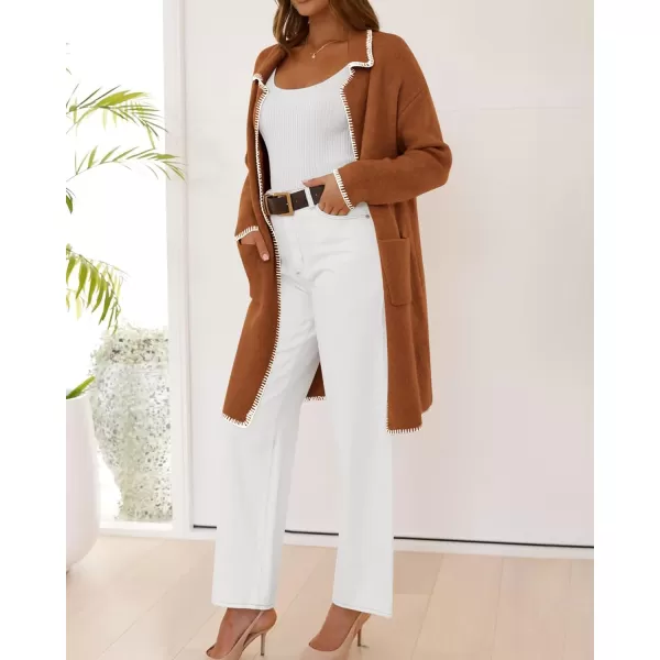imageBTFBM Womens Open Front Cardigan Lapel Coatigan Lady 2024 Fall Winter Jacket Outwear Long Sweater Blazer with PocketsCaramel
