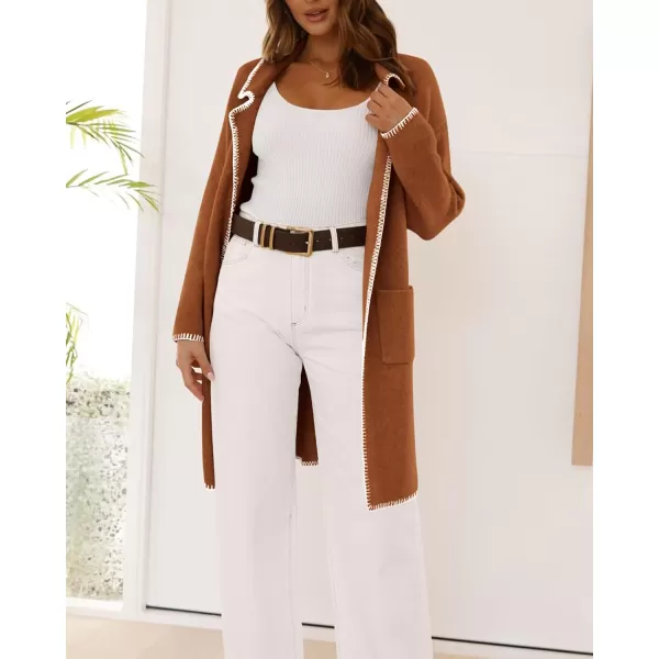 imageBTFBM Womens Open Front Cardigan Lapel Coatigan Lady 2024 Fall Winter Jacket Outwear Long Sweater Blazer with PocketsCaramel