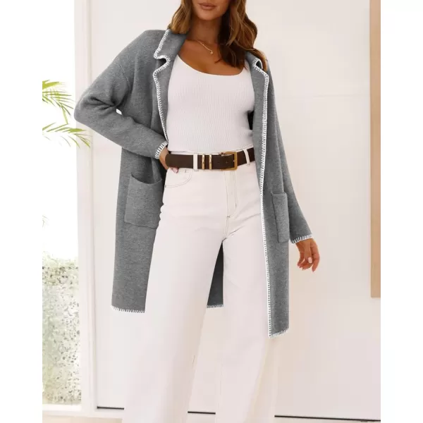 imageBTFBM Womens Open Front Cardigan Lapel Coatigan Lady 2024 Fall Winter Jacket Outwear Long Sweater Blazer with PocketsGrey
