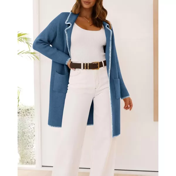 imageBTFBM Womens Open Front Cardigan Lapel Coatigan Lady 2024 Fall Winter Jacket Outwear Long Sweater Blazer with PocketsGrey Blue