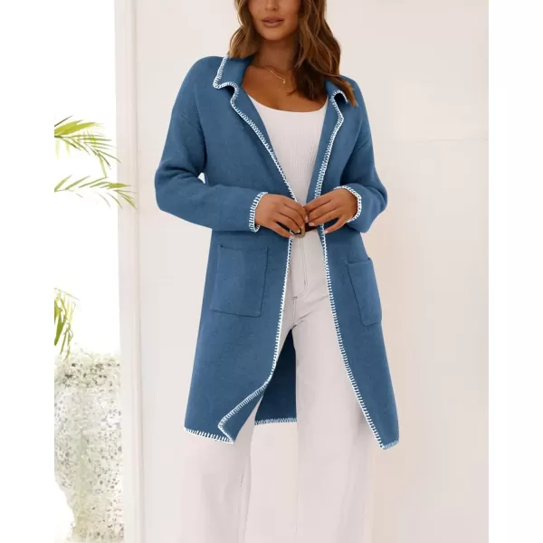 imageBTFBM Womens Open Front Cardigan Lapel Coatigan Lady 2024 Fall Winter Jacket Outwear Long Sweater Blazer with PocketsGrey Blue
