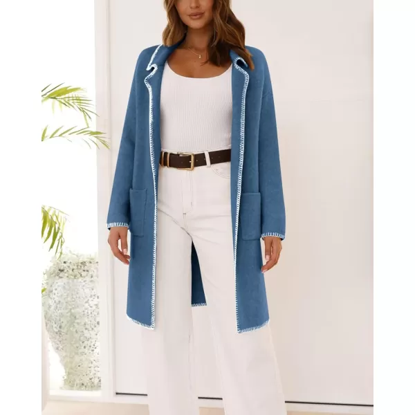imageBTFBM Womens Open Front Cardigan Lapel Coatigan Lady 2024 Fall Winter Jacket Outwear Long Sweater Blazer with PocketsGrey Blue