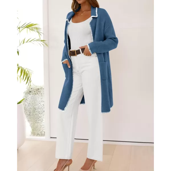 imageBTFBM Womens Open Front Cardigan Lapel Coatigan Lady 2024 Fall Winter Jacket Outwear Long Sweater Blazer with PocketsGrey Blue