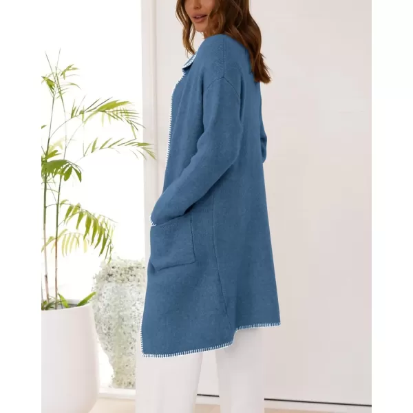 imageBTFBM Womens Open Front Cardigan Lapel Coatigan Lady 2024 Fall Winter Jacket Outwear Long Sweater Blazer with PocketsGrey Blue