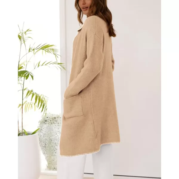 imageBTFBM Womens Open Front Cardigan Lapel Coatigan Lady 2024 Fall Winter Jacket Outwear Long Sweater Blazer with PocketsKhaki