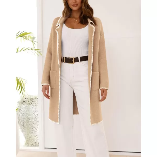 imageBTFBM Womens Open Front Cardigan Lapel Coatigan Lady 2024 Fall Winter Jacket Outwear Long Sweater Blazer with PocketsKhaki