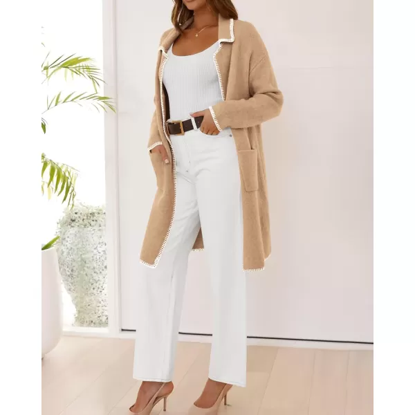 imageBTFBM Womens Open Front Cardigan Lapel Coatigan Lady 2024 Fall Winter Jacket Outwear Long Sweater Blazer with PocketsKhaki