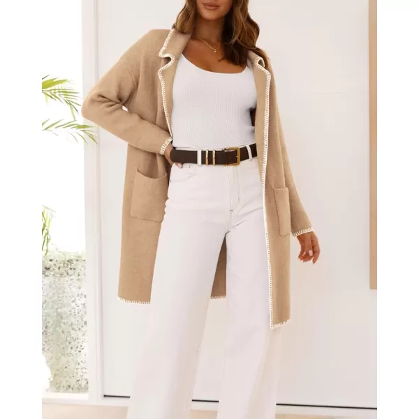imageBTFBM Womens Open Front Cardigan Lapel Coatigan Lady 2024 Fall Winter Jacket Outwear Long Sweater Blazer with PocketsKhaki