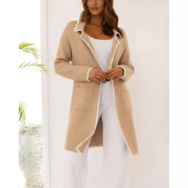 imageBTFBM Womens Open Front Cardigan Lapel Coatigan Lady 2024 Fall Winter Jacket Outwear Long Sweater Blazer with PocketsKhaki