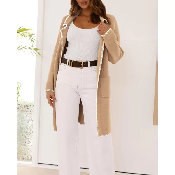 imageBTFBM Womens Open Front Cardigan Lapel Coatigan Lady 2024 Fall Winter Jacket Outwear Long Sweater Blazer with PocketsKhaki