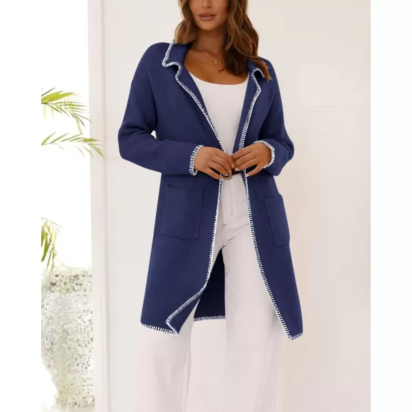 imageBTFBM Womens Open Front Cardigan Lapel Coatigan Lady 2024 Fall Winter Jacket Outwear Long Sweater Blazer with PocketsNavy