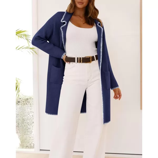 imageBTFBM Womens Open Front Cardigan Lapel Coatigan Lady 2024 Fall Winter Jacket Outwear Long Sweater Blazer with PocketsNavy