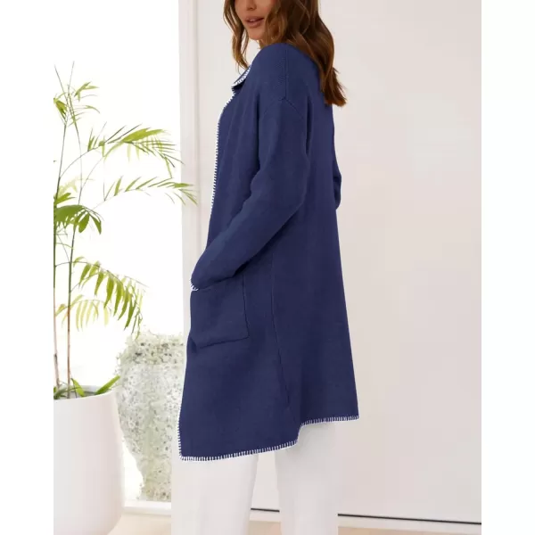 imageBTFBM Womens Open Front Cardigan Lapel Coatigan Lady 2024 Fall Winter Jacket Outwear Long Sweater Blazer with PocketsNavy