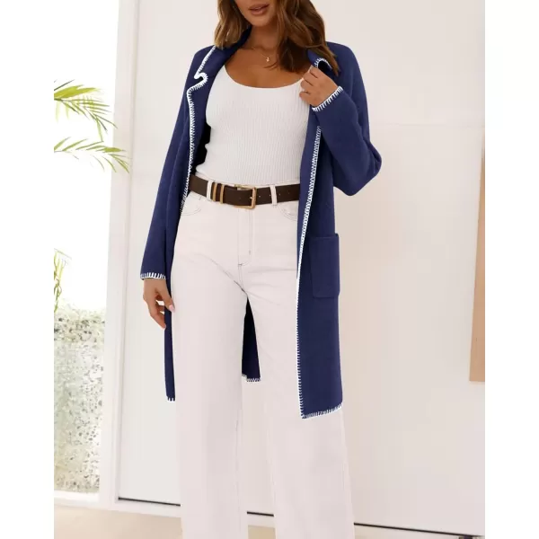 imageBTFBM Womens Open Front Cardigan Lapel Coatigan Lady 2024 Fall Winter Jacket Outwear Long Sweater Blazer with PocketsNavy