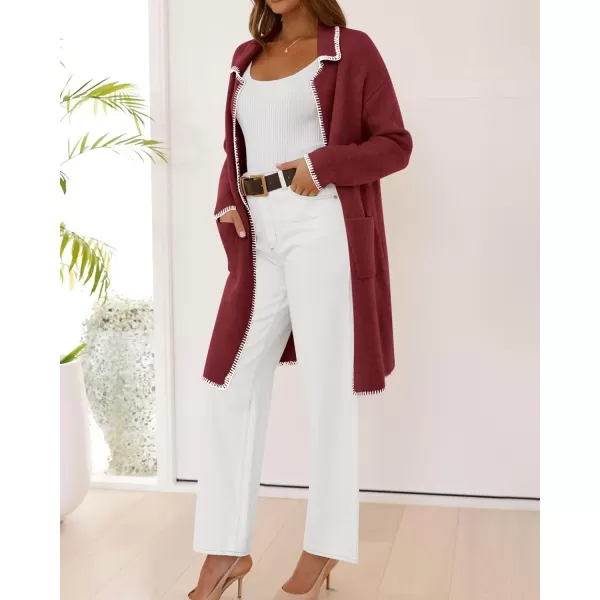 imageBTFBM Womens Open Front Cardigan Lapel Coatigan Lady 2024 Fall Winter Jacket Outwear Long Sweater Blazer with PocketsWine Red