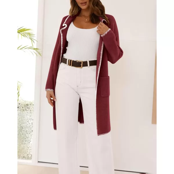 imageBTFBM Womens Open Front Cardigan Lapel Coatigan Lady 2024 Fall Winter Jacket Outwear Long Sweater Blazer with PocketsWine Red