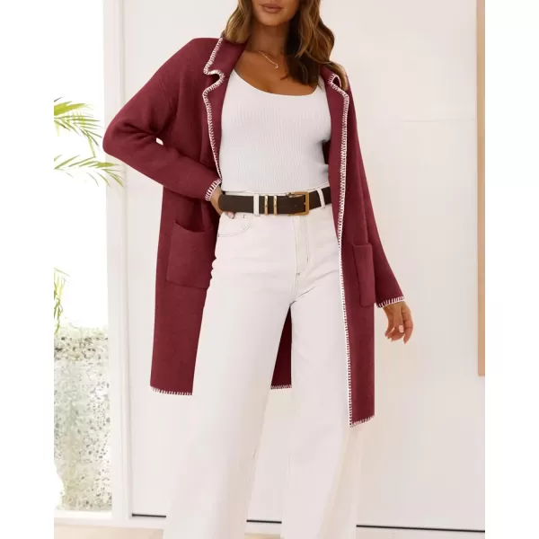 imageBTFBM Womens Open Front Cardigan Lapel Coatigan Lady 2024 Fall Winter Jacket Outwear Long Sweater Blazer with PocketsWine Red