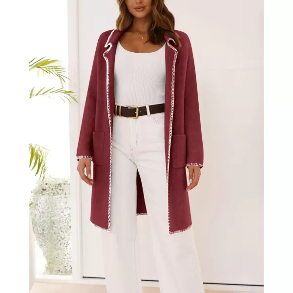 imageBTFBM Womens Open Front Cardigan Lapel Coatigan Lady 2024 Fall Winter Jacket Outwear Long Sweater Blazer with PocketsWine Red