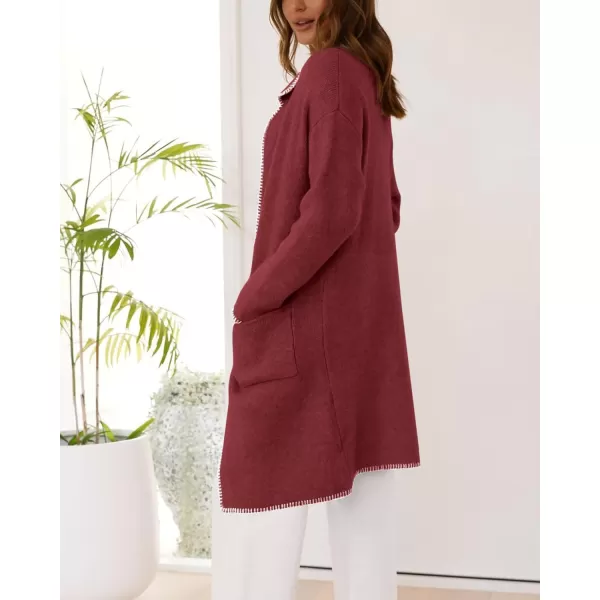 imageBTFBM Womens Open Front Cardigan Lapel Coatigan Lady 2024 Fall Winter Jacket Outwear Long Sweater Blazer with PocketsWine Red