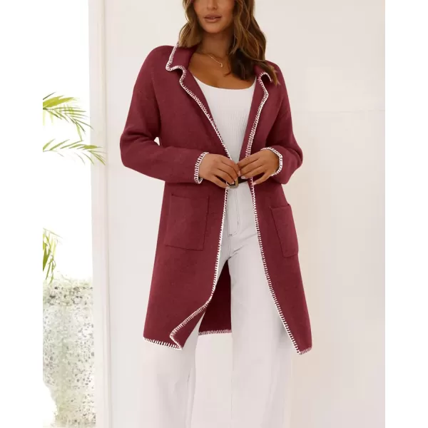 imageBTFBM Womens Open Front Cardigan Lapel Coatigan Lady 2024 Fall Winter Jacket Outwear Long Sweater Blazer with PocketsWine Red