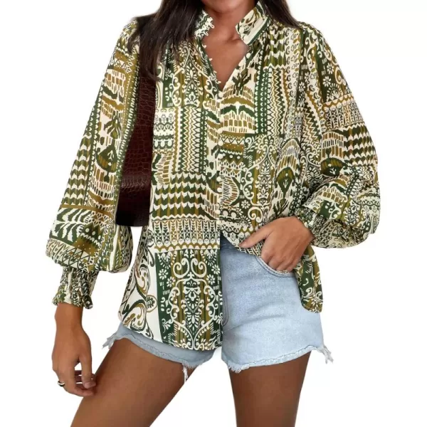 imageBTFBM Fall Fashion 2024 Button Down Long Sleeve Blouses for Women Dressy Casual V Neck Loose Printed Boho Tops ShirtsArmy Green