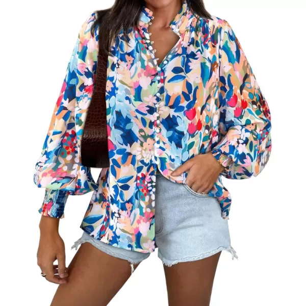 imageBTFBM Fall Fashion 2024 Button Down Long Sleeve Blouses for Women Dressy Casual V Neck Loose Printed Boho Tops ShirtsBlue
