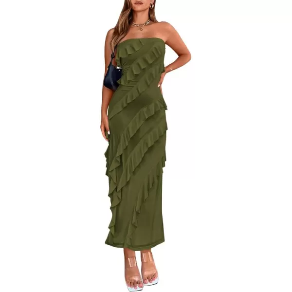 imageBTFBM Women Summer Elegant Strapless Midi Ruched Bodycon Dress Solid Color Stretch Mesh Slim Party Cocktail DressesSolid Army Green