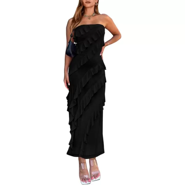 imageBTFBM Women Summer Elegant Strapless Midi Ruched Bodycon Dress Solid Color Stretch Mesh Slim Party Cocktail DressesSolid Black
