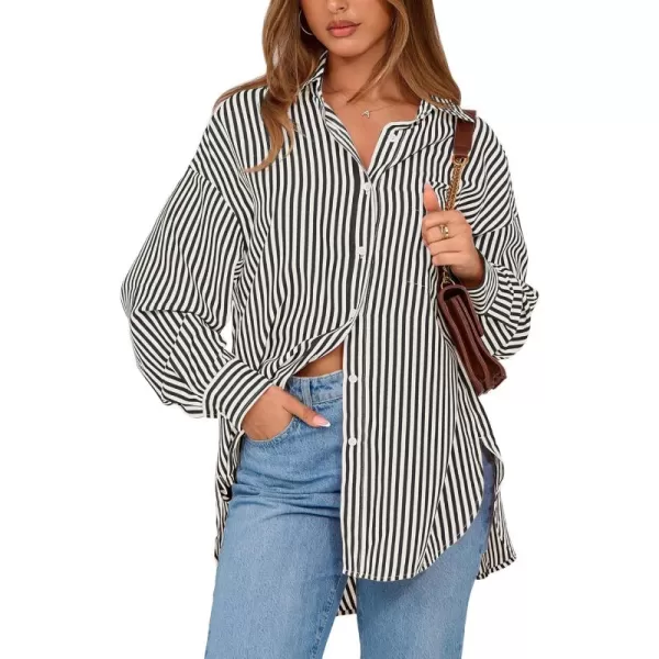 imageBTFBM Womens Button Down Shirts 2024 Fall Outfits Striped Collar Long Sleeve Casual Office Work Blouses Tops with PocketBlack
