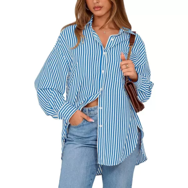 imageBTFBM Womens Button Down Shirts 2024 Fall Outfits Striped Collar Long Sleeve Casual Office Work Blouses Tops with PocketBlue