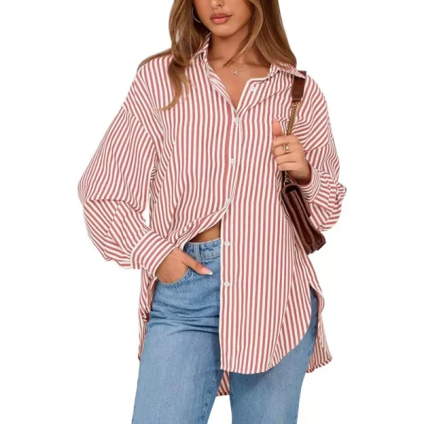 imageBTFBM Womens Button Down Shirts 2024 Fall Outfits Striped Collar Long Sleeve Casual Office Work Blouses Tops with PocketGrey Red