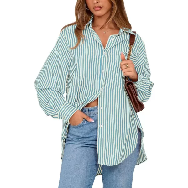 imageBTFBM Womens Button Down Shirts 2024 Fall Outfits Striped Collar Long Sleeve Casual Office Work Blouses Tops with PocketLake Blue