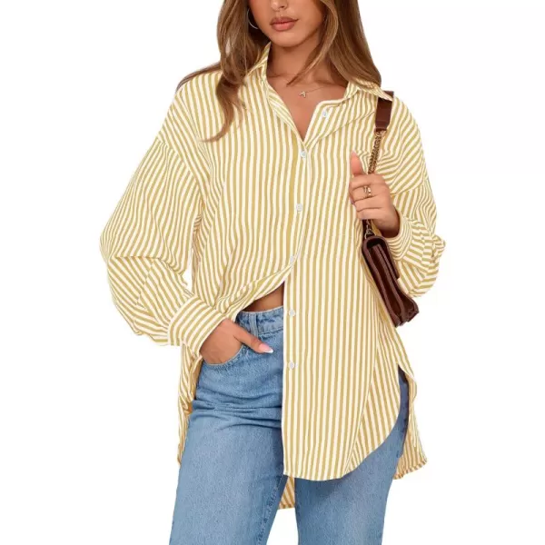 imageBTFBM Womens Button Down Shirts 2024 Fall Outfits Striped Collar Long Sleeve Casual Office Work Blouses Tops with PocketOrange